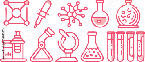 Glass bottle and test tube icons, chemical flasks, and bar drink silhouettes