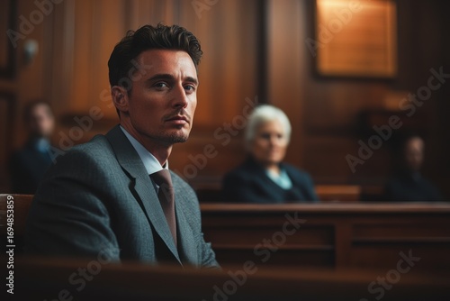 Man in a Formal Suit Sits in a Courtroom, Looking Serious and Focused During a Legal Proceeding