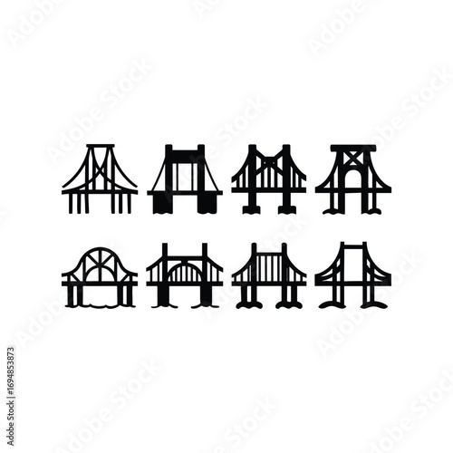 Collection of diverse suspension and truss bridge silhouettes for urban and engineering concepts