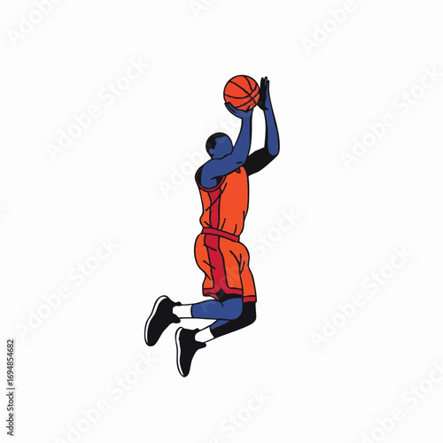 Vector Illustration of Basketball Player Jumping Shooting in Modern Stylized Design with Bold Colors
