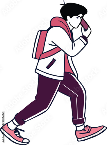 Modern student walking and talking on phone, vector illustration for education or lifestyle content