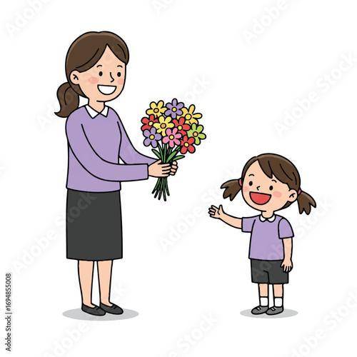 a teacher happily receiving a flower bouquet from a child
