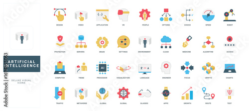 AI algorithm, automation of process and innovation technology, artificial intelligence of robot color icon set. Digital brain automated communication, data science development flat vector illustration