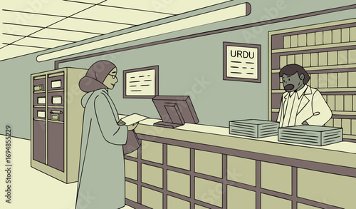 A hospital records and billing office with clerks entering data on computers, shelves stacked with patient files, and a cashier counter for billing. The scene includes Urdu signs, printers, stamps, an