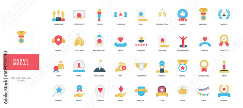 Medal badges, award prize of first place in competition, honor certificate and diploma color icon set. Premium quality reward, seal with ribbon and medallion of winner flat vector illustration