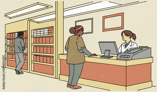 A hospital records and billing office with clerks entering data on computers, shelves stacked with patient files, and a cashier counter for billing. The scene includes Urdu signs, printers, stamps, an