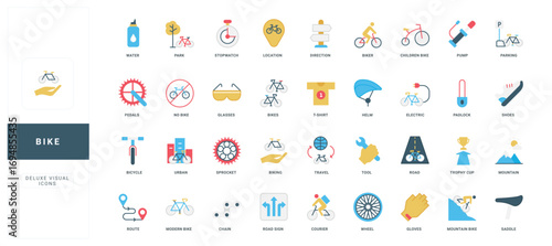 Bike repair and rental service, cyclists tools and clothes, sport exercise and hobby color icon set. Bicycle of child, road and prohibition sign, bikers helmet and glove flat vector illustration