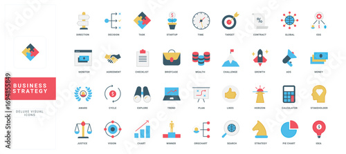 Business strategy, new ideas and trends vision, direction for growth and development process, ESG color icon set. Goal achievement roadmap, decision making, shareholder flat vector illustration