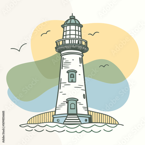 Coastal lighthouse standing tall with seagulls soaring, a symbol of guidance and hope in a vibrant, artistic illustration, evoking feelings of peace and tranquility