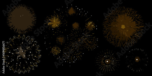 Collection of stylized golden and brown fireworks exploding against a black background at night