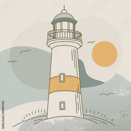 Coastal lighthouse standing tall as the sun sets over the ocean, creating a tranquil and calming seascape with birds flying freely
