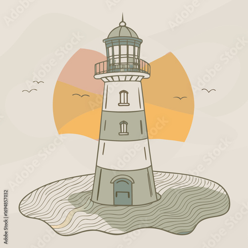 Coastal lighthouse illustration at sunset with birds, creating a serene and peaceful atmosphere for travel and nautical designs, evoking calm and tranquility.