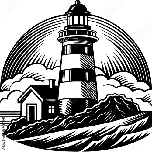 Dramatic lighthouse on rocky coast with stormy clouds, evoking a sense of hope and resilience, perfect for travel or nautical themes.