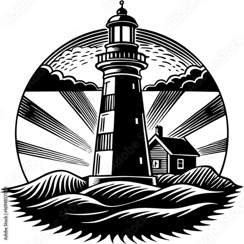 Lighthouse standing tall against the ocean waves, a beacon of hope guiding ships safely to shore with sun rays and clouds