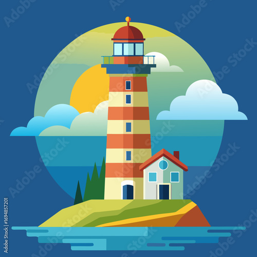Stunning lighthouse on coastal island with vibrant colors and sunny seascape, perfect for travel and tourism promotions