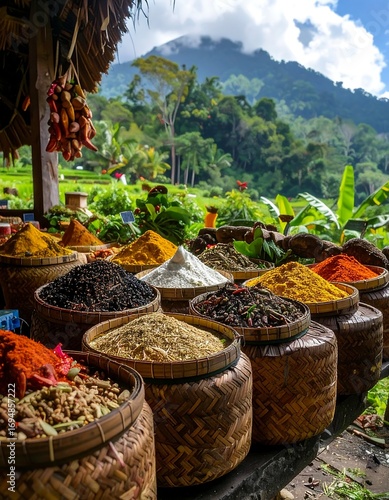 Fototapeta Naklejka Na Ścianę i Meble -  Colorful spice market in a lush landscape