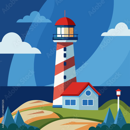 Coastal lighthouse with red and white stripes guiding ships safely to shore, bright blue sky, charming architecture, and dramatic landscape