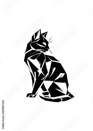 Abstract Geometric Cat Illustration in Black and White Silhouette Style for Modern Logo, Tattoo, and Decorative Art Design
