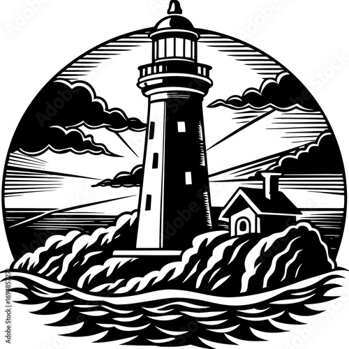 Dramatic lighthouse standing tall amidst stormy waves under a cloudy sky, guiding ships to safety at sea