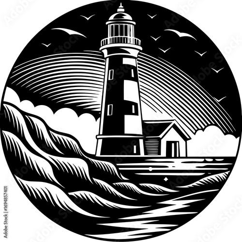 Lighthouse standing tall with seagulls soaring above ocean waves, a beacon of hope and guidance during a storm, a symbol of resilience