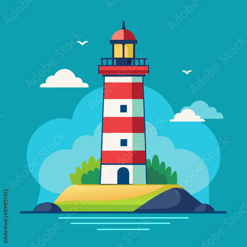 Striking lighthouse standing tall on a coastal island under a vibrant blue sky, guiding ships safely to shore with its radiant light