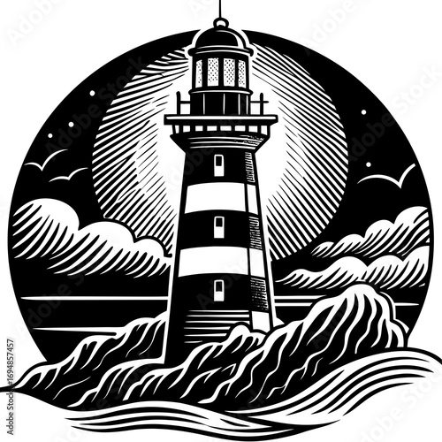 Stunning black and white lighthouse illustration on rocky coast with ocean waves, evoking a sense of adventure, safety, and maritime history