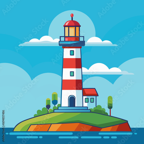 Vibrant lighthouse stands tall on island, guiding ships with bright light, serene coastal scene with blue sky, evoking tranquility and safe harbor at sea