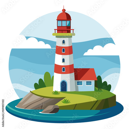 Stunning lighthouse stands tall on rocky island, guiding ships safely through the vast ocean under a bright blue sky with fluffy clouds, a beacon of hope