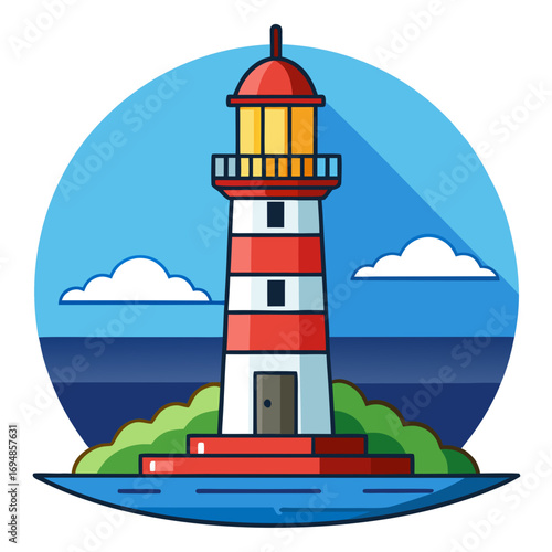 Lighthouse standing tall on an island under a bright sky, guiding ships safely with its radiant light, a beacon of hope.