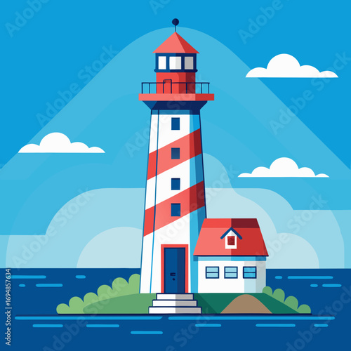 Striking lighthouse standing tall on a coastal island, guiding ships safely with its beacon of hope under a bright blue sky, a symbol of navigation