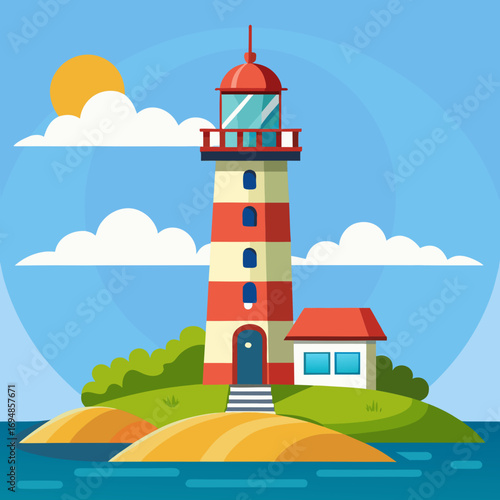 Coastal lighthouse standing tall against the bright blue sky with fluffy clouds and sunny day, evoking feelings of safety and guidance