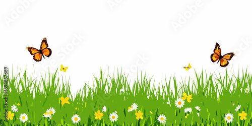 Vibrant green grass field with colorful wildflowers and fluttering butterflies under a white sky