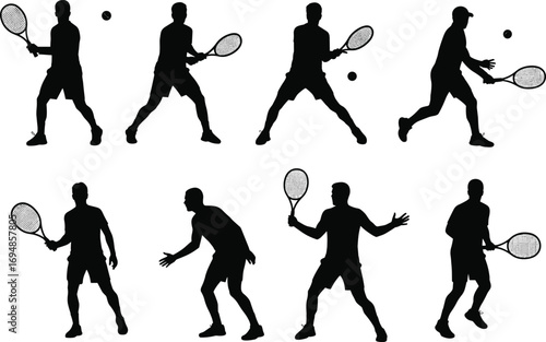 Tennis player silhouettes set, various tennis poses with racket and ball, sports vector illustration, black and white isolated figures.