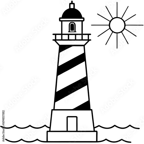 Striking lighthouse silhouette stands tall beside the ocean, sun shining brightly, guiding ships safely home, evokes a sense of hope and security