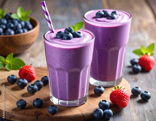 Two vibrant purple berry smoothies in glasses, topped with fresh blueberries, sit on a wooden platter, alongside fresh berries and mint leaves.