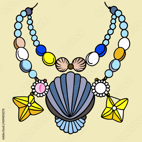 Elegant seashell necklace with star charms and pearl accents, perfect for beach weddings, fashion designs, and decorative projects, radiating summer vibes and coastal charm