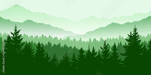 Serene green forest landscape with layered mountains in the background and silhouetted pine trees