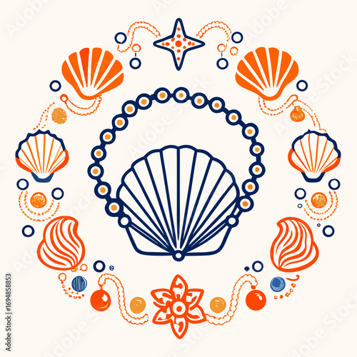 Decorative seashell and pearl arrangement with floral elements, creating a vibrant and elegant coastal design for various creative projects
