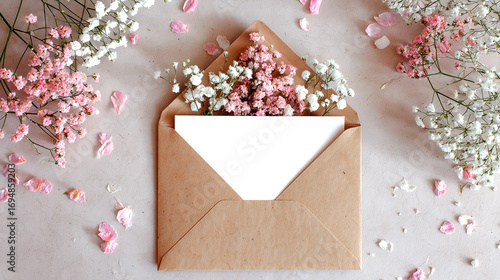 Romantic stationery flat lay with open envelope and delicate pink flowers for love notes