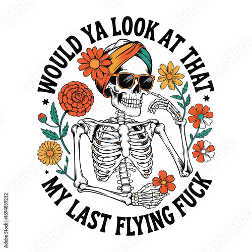 Vintage-style illustration of a skeleton wearing sunglasses and a turban with decorative flowers and circular text in retro aesthetic.