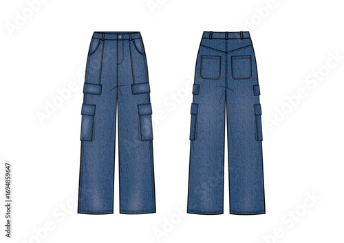 Women Fashion Denim Cargo Jeans Pants With Pockets Details & Wash Effect, Front & Back view, fashion flat sketch, Editable Flat Technical Drawings Illustration,, Jeans Mockup, Pants CAD