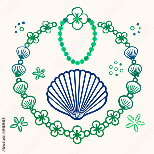 Vibrant seashell and floral design, perfect for tropical vacation branding, elegant summer party invitations, creating a sense of paradise and joy