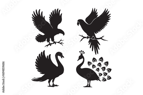 Silhouettes of four majestic birds in flight and standing