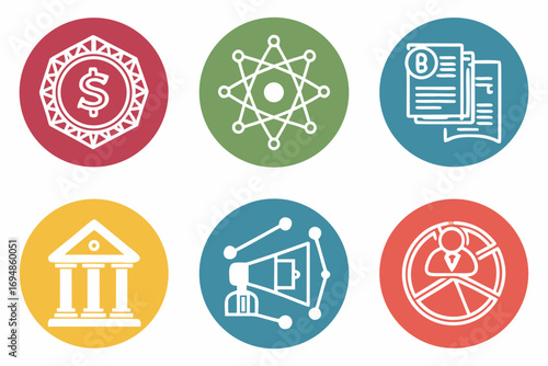 Vector art of marketing and business icons set on colorful round background