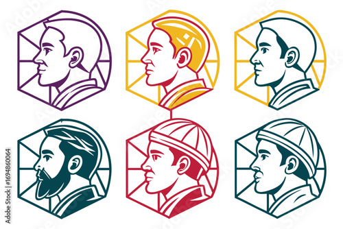 Vector art of collection of man face profile in hexagon shape vector illustration