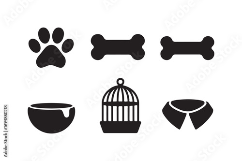 Collection of pet icons including paw print bone bowl cage and collar