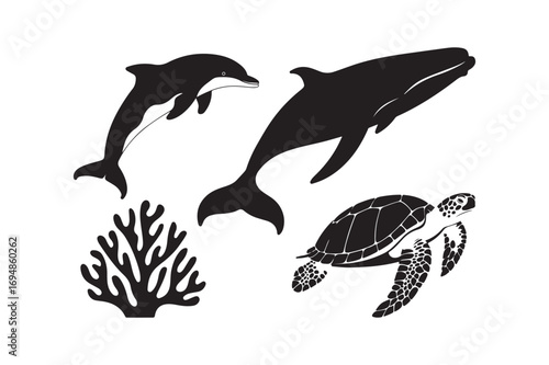Silhouettes of marine life including a dolphin whale and sea turtle