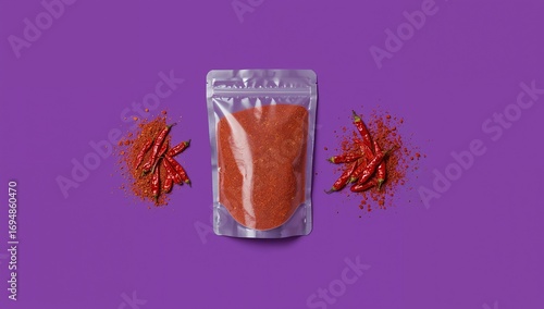Vibrant red chili flakes and chilies present a tempting display of flavorful spices, perfect for culinary adventures. 