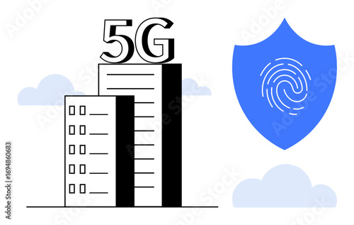 High-rise building with 5G label beside a blue shield with a fingerprint icon. Ideal for technology, cybersecurity, data privacy, mobile networks, connectivity, urban development, innovation. Simple