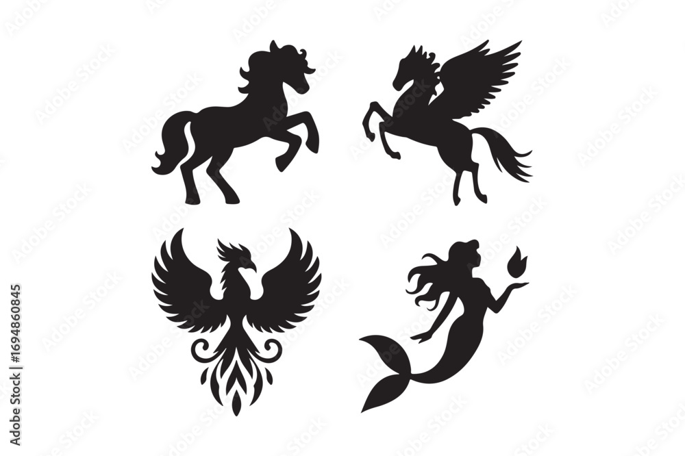 Naklejka premium Mythical creatures silhouette collection horse pegasus phoenix mermaid